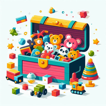 Children's toys in a wooden box. Colorful vector illustration.のイラスト素材