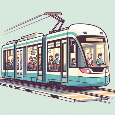 Vector illustration of a modern tram in cartoon style with people on the platformのイラスト素材