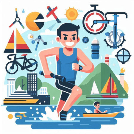 Man in sportswear doing water sports. Vector illustration in flat styleのイラスト素材