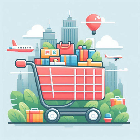 Shopping cart with luggage. Vector illustration in flat cartoon style.のイラスト素材