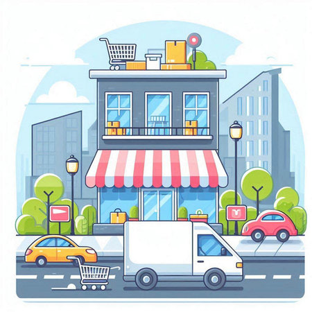 Flat design vector illustration concept of online shopping and delivery service.のイラスト素材