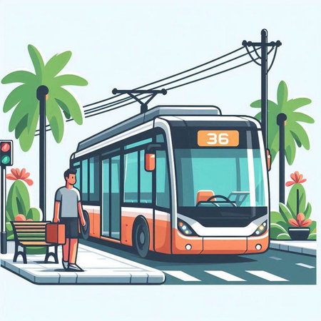 Tram on the city street. Vector illustration in flat style.のイラスト素材