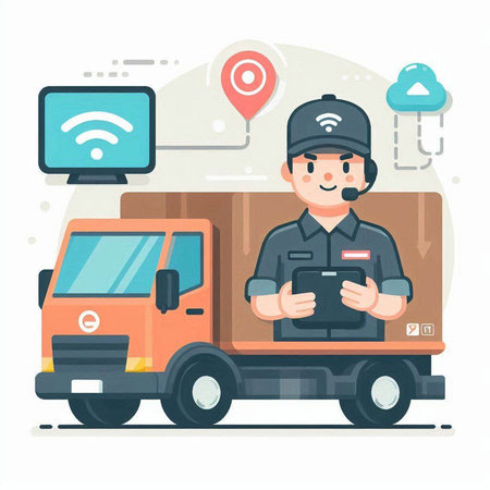 Delivery man in uniform with mobile phone in truck. Flat vector illustration.のイラスト素材