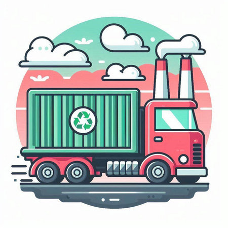 Illustration of a green truck with a container in front of a factoryのイラスト素材