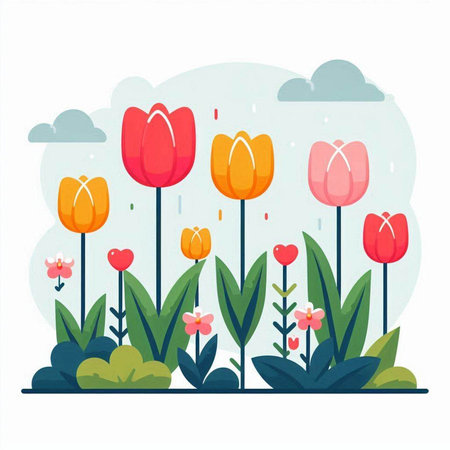 Flowerbed with tulips. Vector illustration in flat style.のイラスト素材
