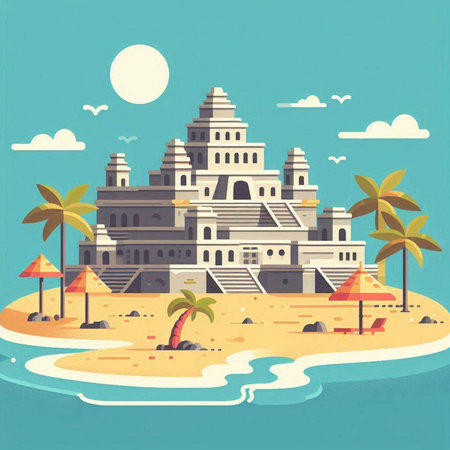 Ancient Hindu temple on the beach. Vector illustration in flat style.のイラスト素材
