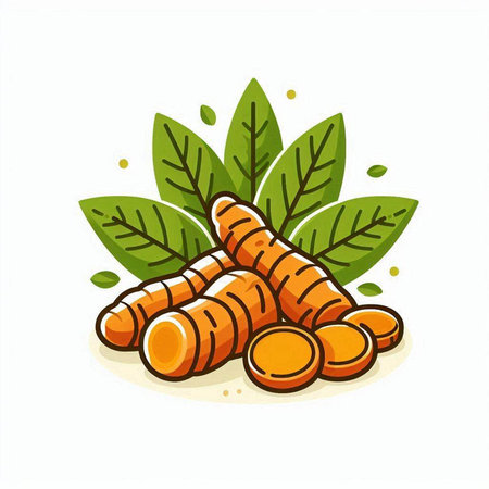 Turmeric root and leaves vector illustration, isolated on white background.のイラスト素材