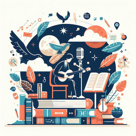 Vector illustration of the composition with a musician and musical instruments. Flat style.のイラスト素材