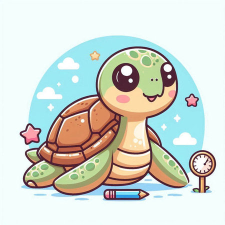 Cute cartoon turtle with pencil. Vector illustration in a flat style.のイラスト素材
