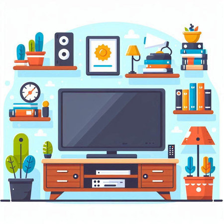 Living room interior with furniture, bookshelf, tv and other things. Flat vector illustration.のイラスト素材