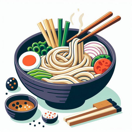 Illustration of japanese udon noodles in bowl with chopsticksのイラスト素材