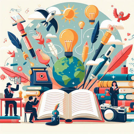 Vector illustration of education and learning concept. Flat design of books, notebooks, pens, pencils, camera, lamp, globe, rocket, quill pen.のイラスト素材