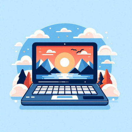 Laptop computer with mountains, clouds and sun. Flat design vector illustration.のイラスト素材