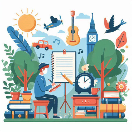 Back to school concept. Vector flat design illustration of studying, reading, preparing for exams and education.のイラスト素材