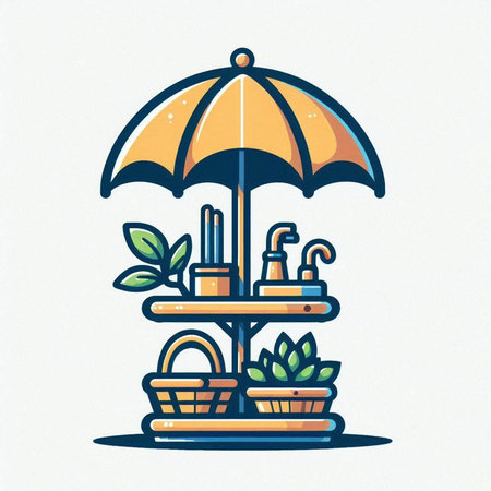 Hand drawn vector illustration of an umbrella and a wicker basket with plants.のイラスト素材