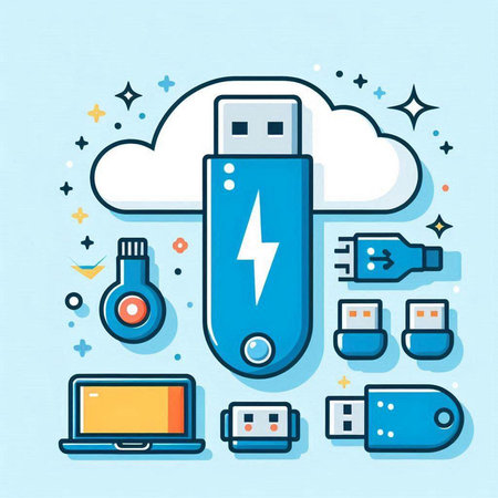 Vector line art illustration of USB flash drive with blue background. Concept for cloud computing.のイラスト素材