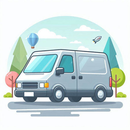 Van on the road. Vector illustration in flat style. Isolated on white background.のイラスト素材