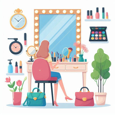 Makeup room. Make up room with mirror and cosmetics. Vector illustration.のイラスト素材