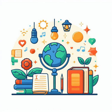 Back to school concept with globe, books, lamp, globe, flowers and other elements. Vector illustration.のイラスト素材