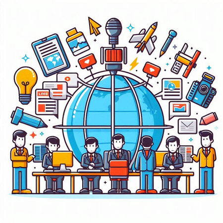 Journalism concept with people working in the office. Vector illustration.のイラスト素材