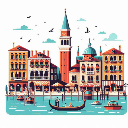 Venice, Italy. Gondola on the Grand Canal. Vector illustrationのイラスト素材