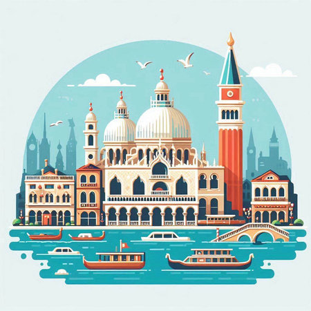 Venice, Italy. Vector illustration in flat style. Travel and tourism.のイラスト素材