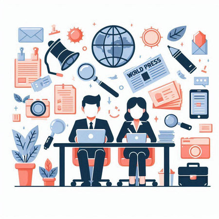 Businessman and businesswoman working in office. Vector illustration in flat styleのイラスト素材