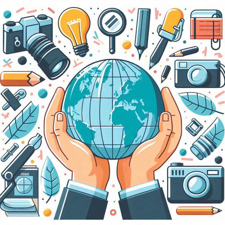 Vector illustration of hand holding globe with different icons on white background.のイラスト素材