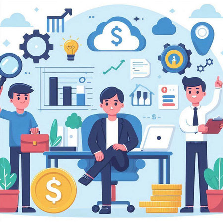 Businessman working in office. Flat design vector illustration. Business concept.のイラスト素材