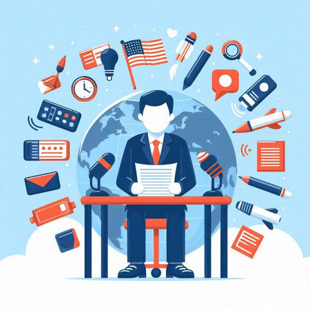 Businessman sitting at desk and reading newspaper. Flat vector illustration.のイラスト素材