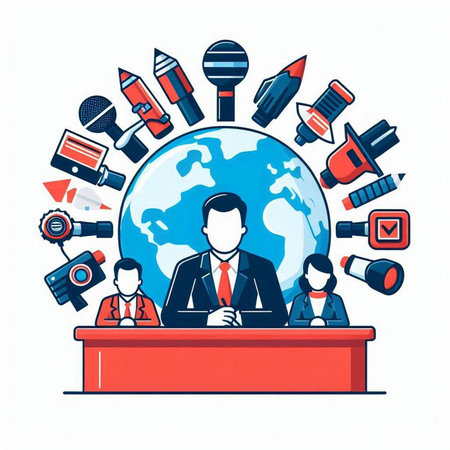 Vector illustration of news reporter with microphone and journalists around the globe.のイラスト素材