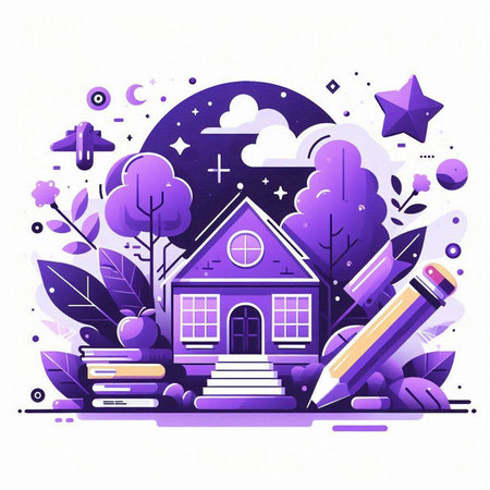 Vector illustration of school building, books, pencils and trees in violet colors on white background. Education concept.のイラスト素材