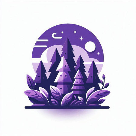 Vector illustration of a forest in a flat style with moon and stars.のイラスト素材