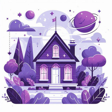 Vector illustration of a house in the forest with purple trees and bushes.のイラスト素材