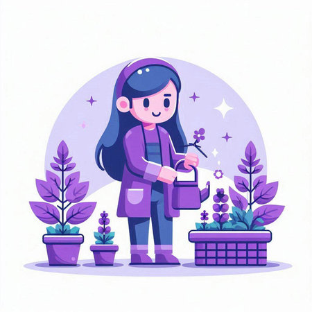 Cute girl watering plants in the garden. Flat vector illustration.のイラスト素材
