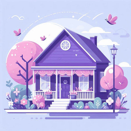 Vector illustration of a beautiful wooden house on a background of spring landscape.のイラスト素材