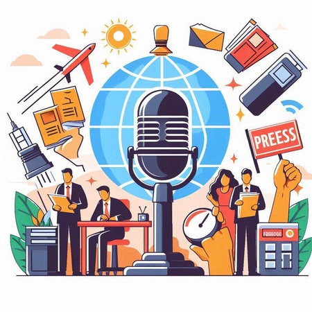 Journalism and news concept with microphone, newspaper, stationery and people vector illustrationのイラスト素材
