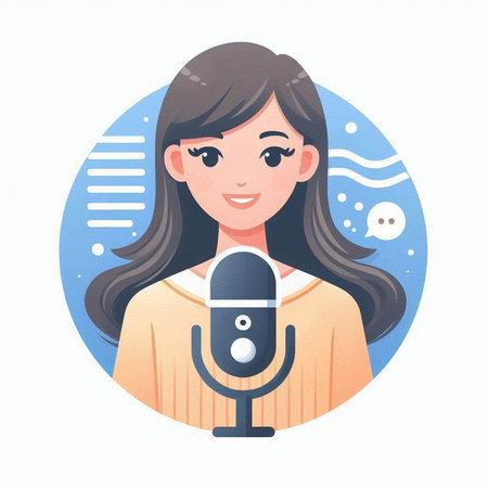 Illustration of a woman with a microphone in a flat style.のイラスト素材