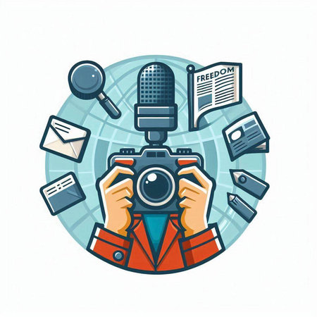 Journalist with camera. Vector illustration in a flat style on white background.のイラスト素材