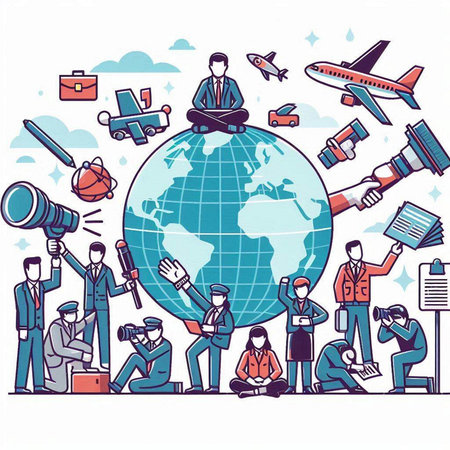 Vector illustration of business people working around the world. Teamwork concept.のイラスト素材