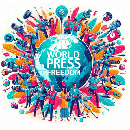 World Press Freedom Day poster with people holding microphones and camera isolated vector illustrationのイラスト素材