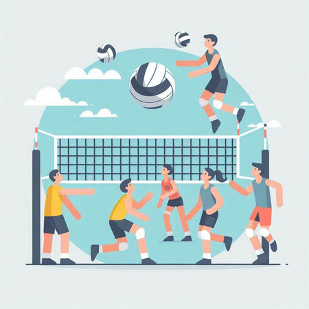 Volleyball players vector illustration. Group of people playing volleyball.のイラスト素材
