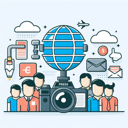 Flat line design illustration concept of social media and digital marketing.のイラスト素材