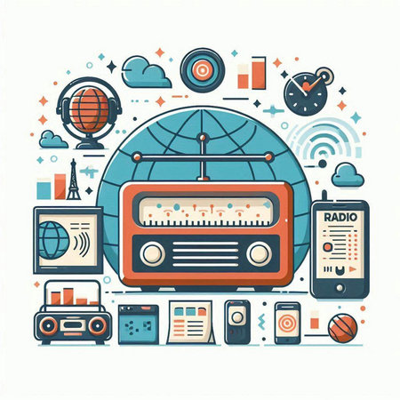 Flat line design concept of retro radio with icons. Vector illustrationのイラスト素材