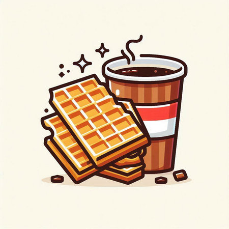 Coffee and waffles. Vector illustration in cartoon style.のイラスト素材