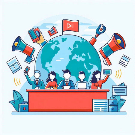 Vector illustration of people sitting at the table in front of the globe.のイラスト素材