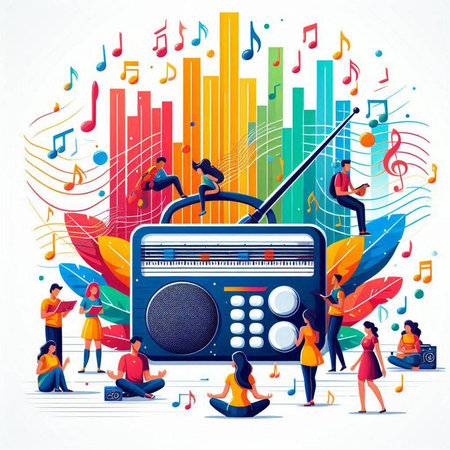 Music festival concept. Vector illustration of people listening to music on retro radio with notes.のイラスト素材