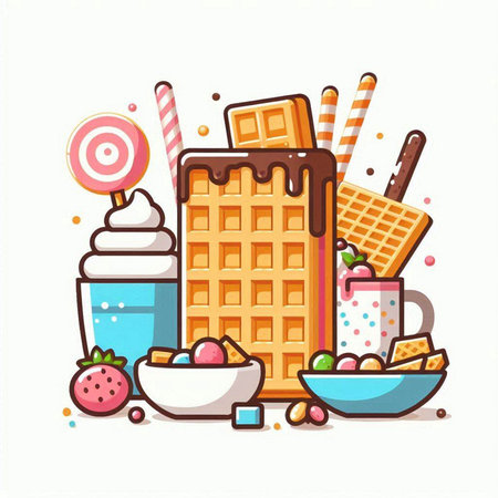 Chocolate waffle, ice cream, candieshmallows. Vector illustration.のイラスト素材