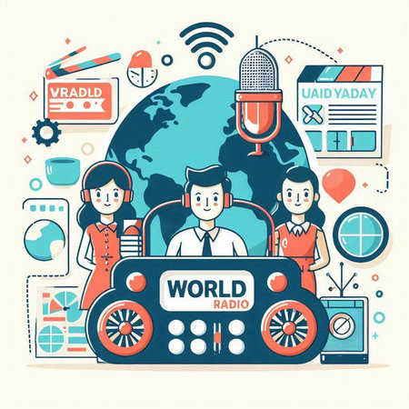 World radio day. Vector illustration in flat line style. World radio day concept.のイラスト素材