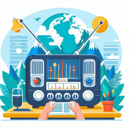 Retro radio with world map. Vector illustration in flat style.のイラスト素材